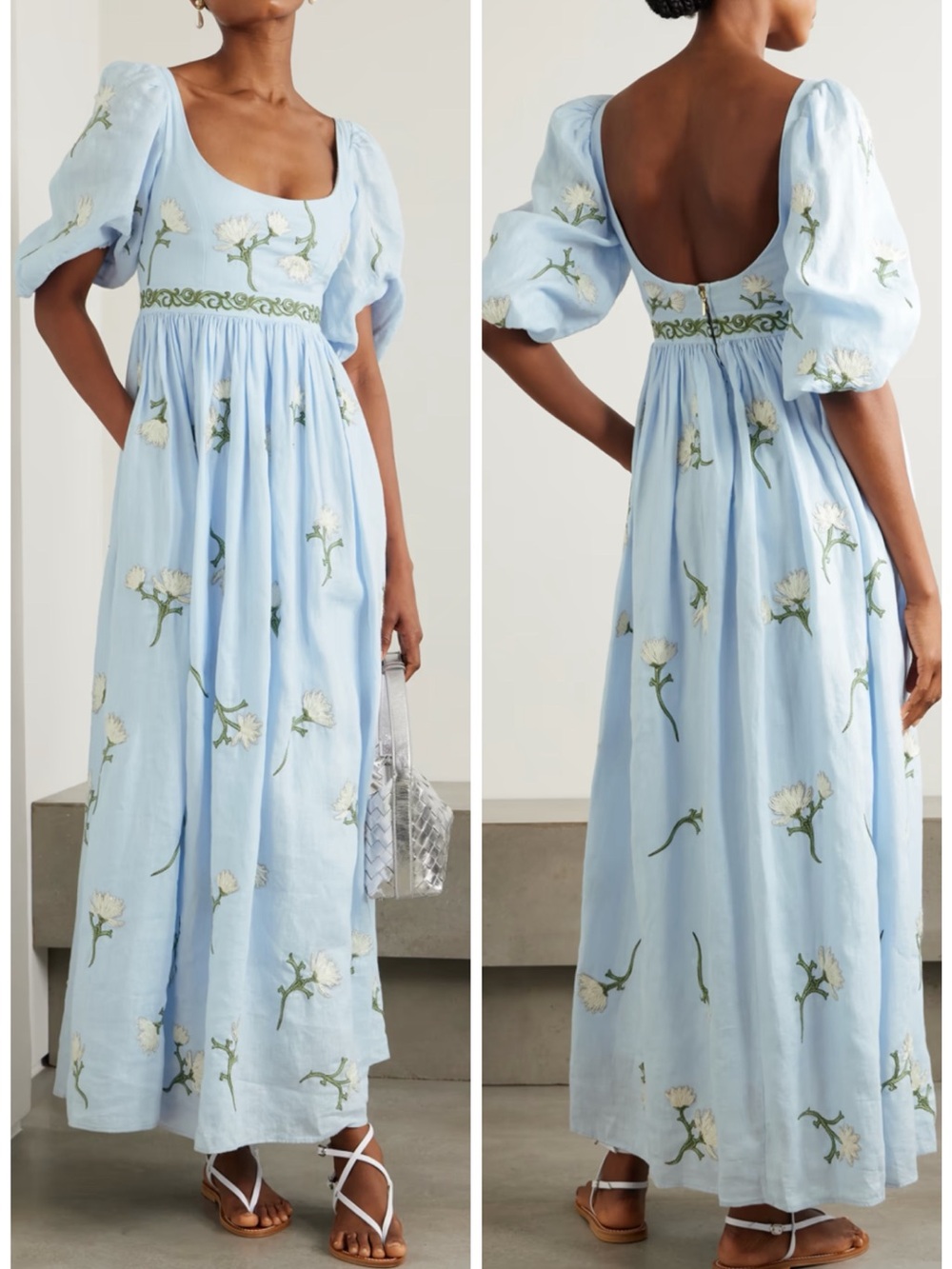 Agua by Agua Bendita Viviane Floral Blue Linen Embroidered Dress SZ L